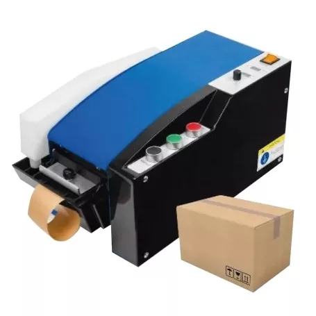Dispensador de fita gomada eletr�nico ao lado de um caixa de papel�o