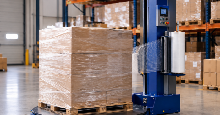 Envolvedora de paletes com sistema de pr�-estiramento aplicando filme stretch em carga industrial.