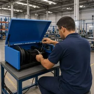 T�cnico realizando manuten��o em m�quina de embalagem industrial
