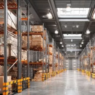 Estoque organizado com m�quinas e materiais para embalagem industrial