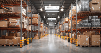 Estoque organizado com m�quinas e materiais para embalagem industrial