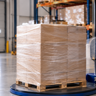 Envolvedora de paletes com sistema de pr�-estiramento aplicando filme stretch em carga industrial.